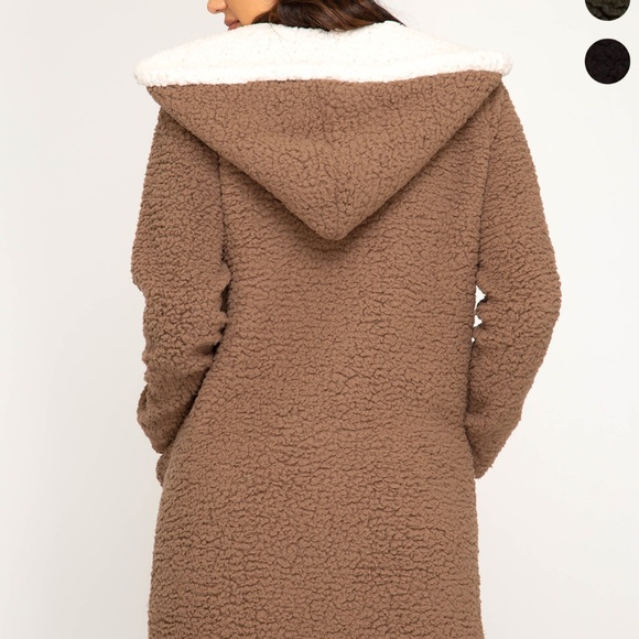 LONG SLEEVE HOODED SHEARLING FLEECE COAT - Picture 3 of 5